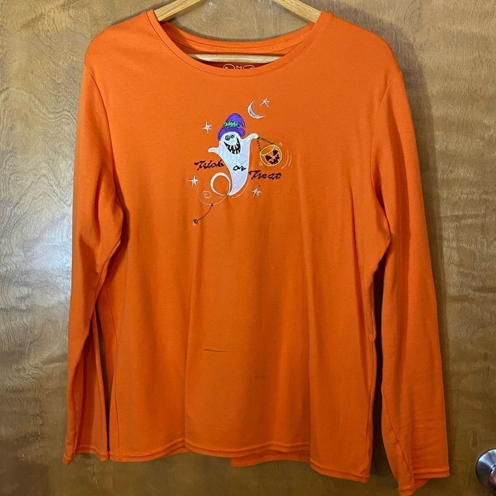 TRICK or treat Halloween orange long sleeve embroidered crew neck cotton tee